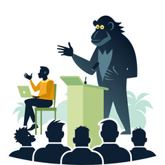Silhouette of Ape Giving Inspiring Keynote Speech at Startup Event, Business Presentation, Leadership, Innovation, and Entrepreneurship Vector Design
