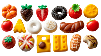 Assorted colorful toy food items shaped like fruits, vegetables, and snacks. Educational plastic play food for children’s learning and pretend play.  Isolated on transparent background, png