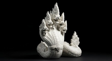 Fototapeta premium White Multi-Headed Naga Serpent Statue in Ceramic – Thai Mythical Creature Sculpture for Elegant Spiritual Decor 