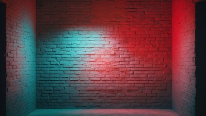 Brick wall illuminated with red and teal lighting.