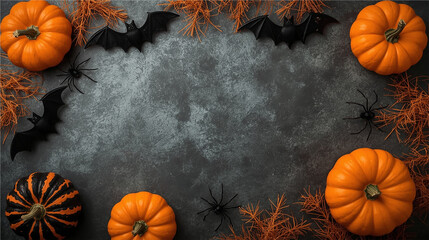 Halloween Flat Lay with Pumpkins, Bats, and Spiders on Dark Background. Top view of Halloween decorations featuring orange pumpkins, black bats, plastic spiders, and festive straw.