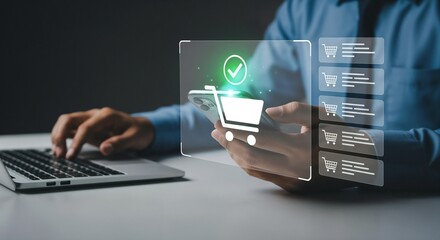 Online shopping concept. shopping order in online store, payment makes a purchase on the Internet, Online payment, Business financial technology. concept on virtual screen with hand typing on keyboard