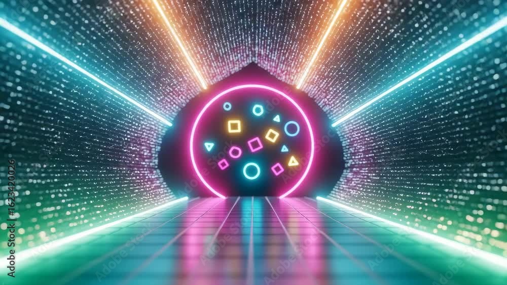 Poster a vibrant futuristic corridor illuminated by neon lights with geometric shapes floating in a glowing