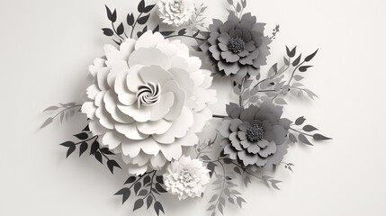 Elegant paper flowers in monochrome shades on a clean white background