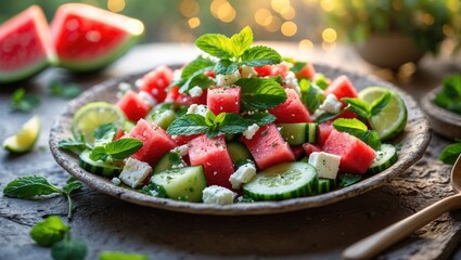 Colorful watermelon, cucumber, and feta salad with mint leaves served on a rustic wooden plate. Fresh summer ingredients, healthy and refreshing.