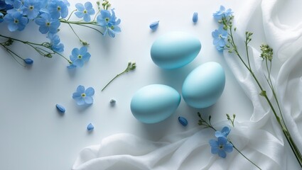 Blue eggs with blue flowers and white fabric, spring concept, nature, fresh, delicate.