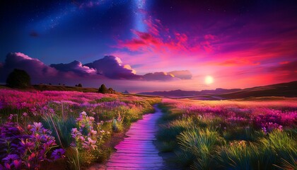 vibrant landscape a neoninfused meadow and path under a colorful sky artifical scene