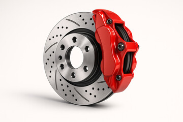 High-performance ventilated brake disc with red caliper on clean white background, showcasing precision automotive engineering and performance detail
