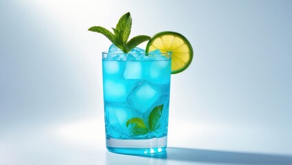 A refreshing blue cocktail with mint, ice, and lime slice on a light background.
