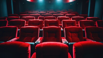 Fototapeta premium Empty cinema with red seats and focused lighting, setting for film viewing and entertainment.