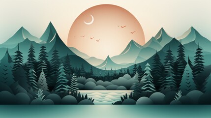 Mountain Landscape with Pine Trees, Moon, and Birds in Teal and Orange