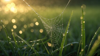 Close-up of a dew-covered spider web among blades of grass in the early morning sunlight.