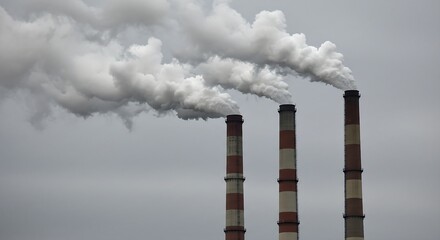 Thick white smoke billows from three industrial smokestacks under a somber, overcast gray sky