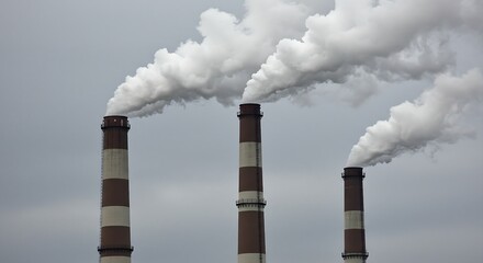 A trio of striped factory chimneys emitting smoke, symbolizing industry, pollution, and power generation