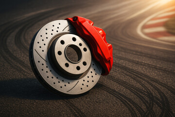 High-performance brake disc and red caliper on racetrack asphalt with tire marks and dramatic lighting at sunset
