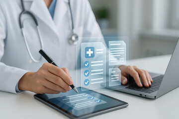 Healthcare professional using futuristic digital checklist and holographic interface on tablet in modern medical office, close-up hands focus