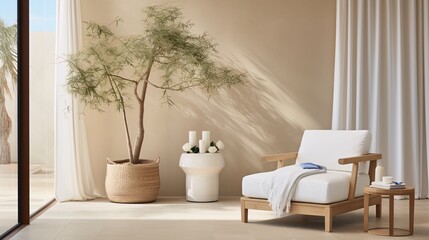 Minimalist living room with armchair, plant, and candles in natural light