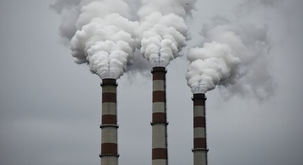 Three towering industrial smokestacks releasing thick white plumes of smoke against a stark gray sky