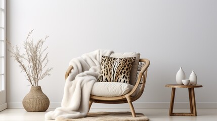 Interior with Rattan Chair, Animal Print Pillow, Blanket