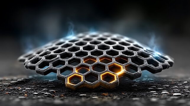 High-tech pattern of hexagonal circuits outlined in soft glowing blue, forming a web across a semi-transparent dark background