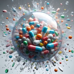 Colorful pills exploding from glass sphere