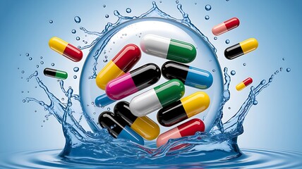 Colorful capsules splash in clear water