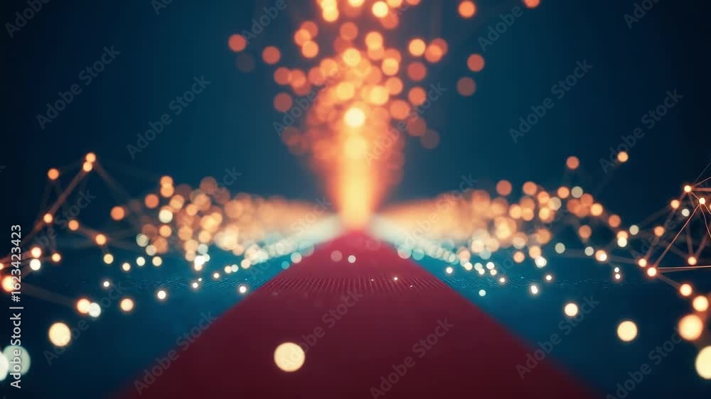 Poster a vibrant abstract background featuring glowing particles and light trails converging towards a cent