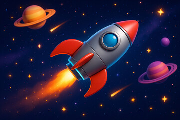 Whimsical retro-style cartoon rocket flying through space with colorful planets and stars, perfect for kids space education and adventure illustrations
