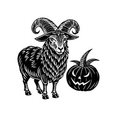 A stylized illustration of a ram with large horns standing next to a carved Halloween pumpkin, rendered in a black and white woodcut style.
