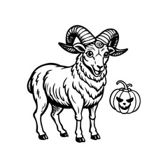A stylized illustration of a ram with large horns and a third eye, standing next to a carved Halloween pumpkin with a spooky face.