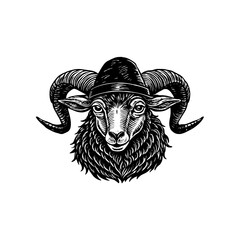 A black and white illustration of a ram's head wearing a knitted hat, showcasing intricate details and a striking contrast.