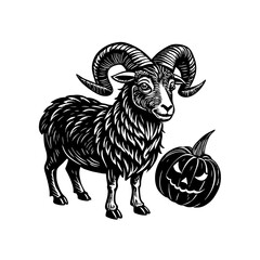 A black and white illustration of a ram standing next to a carved Halloween pumpkin.