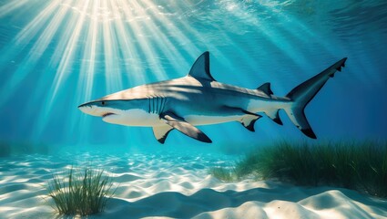 Fototapeta premium Shark swimming underwater with sunlight rays and seagrass on sandy ocean floor. Marine life and ocean ecosystem, concept. Underwater wildlife and habitat.