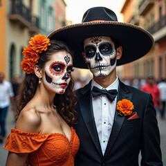 Waist up portrait of a young couple made up for Dia De Los Muertos in an old Mexican city street