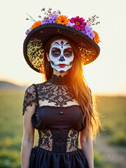 Waist up portrait of a young woman with a black dress with laces and hat made up for Dia De Los Muertos
