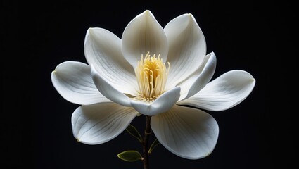 Fototapeta premium White lotus flower with delicate petals and yellow center, isolated on black background. Natural floral beauty and elegance.
