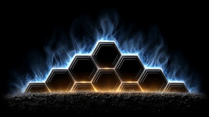 High-tech pattern of hexagonal circuits outlined in soft glowing blue, forming a web across a semi-transparent dark background