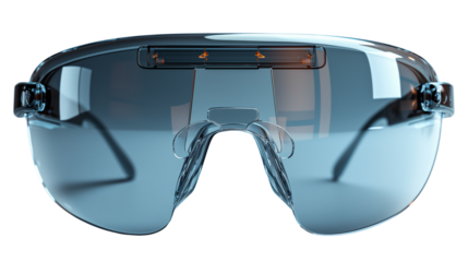 Futuristic smart glasses with blue-tinted wraparound lens and built-in digital display. Advanced wearable technology for tech-driven applications. Isolated on transparent background, png