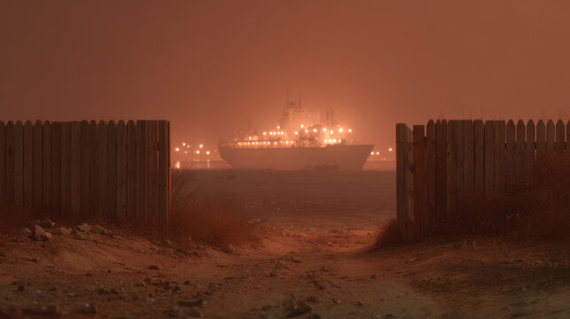 Global Supply Chain Pressure, Foggy night view of large cargo ship illuminated by lights beyond wooden fence showing global supply chain pressure