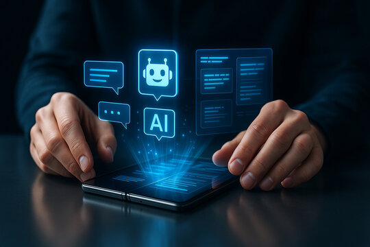 Futuristic artificial intelligence interaction with holographic projection on folding smartphone showcasing virtual chatbot communication, innovation, technology, automation, digital intelligence