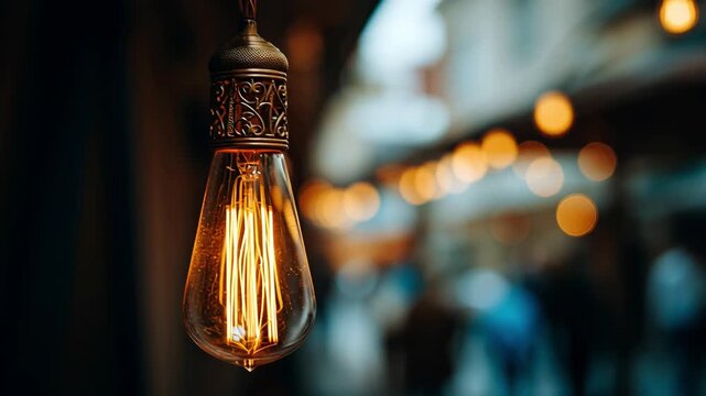 Close-up shot of a decorative light bulb glowing warmly.