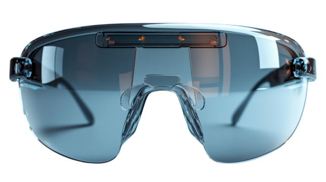 Futuristic smart glasses with blue-tinted wraparound lens and built-in digital display. Advanced wearable technology for tech-driven applications. Isolated on transparent background, png