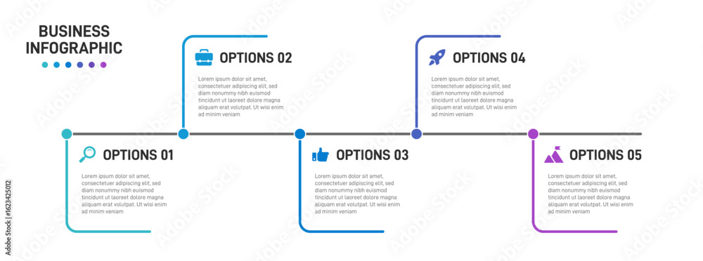 Poster progress bar featuring 5 arrow-shaped elements, symbolizing the five stages of business strategy and