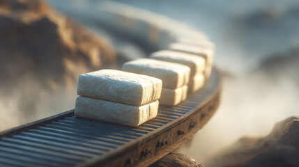 Global Supply Chain Pressure, Soft packages move along conveyor belt showing global supply chain pressure in industrial setting