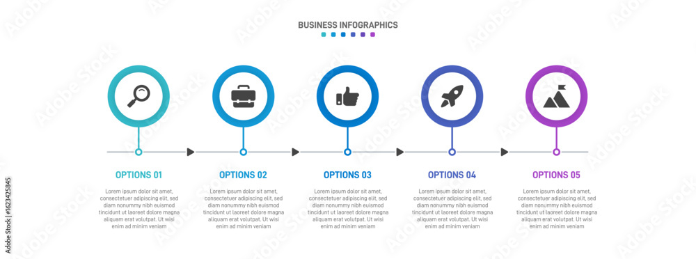 Poster progress bar featuring 5 arrow-shaped elements, symbolizing the five stages of business strategy and