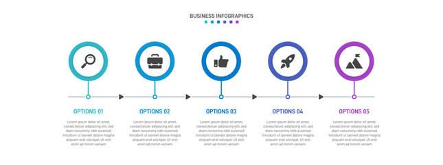 Progress bar featuring 5 arrow-shaped elements, symbolizing the five stages of business strategy and progression. Clean timeline infographic design template. Vector for mobile presentation.