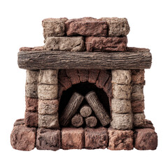 Isolated Rustic Fireplace with Wood Logs on Transparent Background