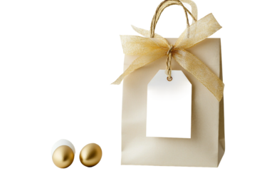 Beautifully wrapped Easter gift bag featuring a golden ribbon and decorative holiday label isolated on transparent background PNG