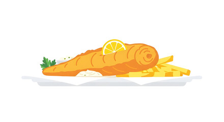 Delicious Fish and Chips Illustration with Lemon Slice and Parsley
