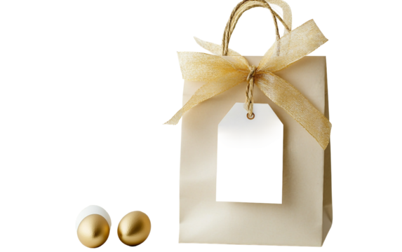 Beautifully wrapped Easter gift bag featuring a golden ribbon and decorative holiday label isolated on transparent background PNG